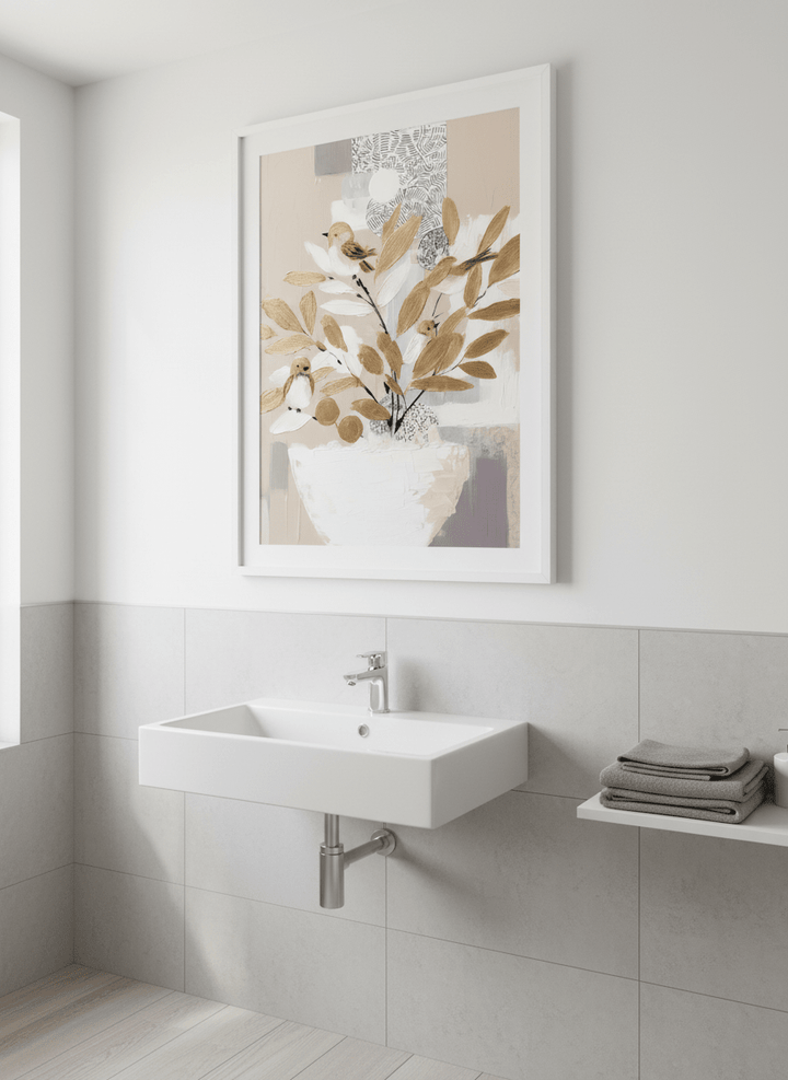 Modern print displayed in a clean minimalist bathroom setting
