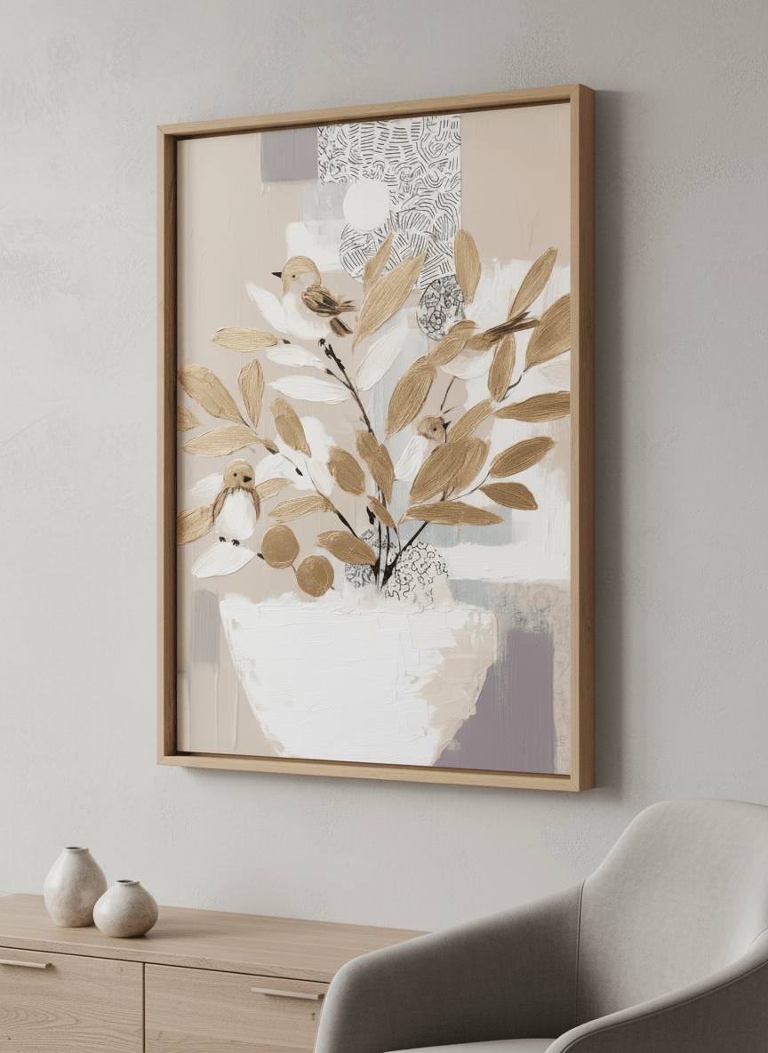 Modern wall art styled above a sofa in a neutral living room