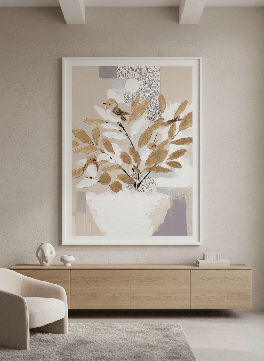 Monumental artwork centred on a feature wall in a luxe interior