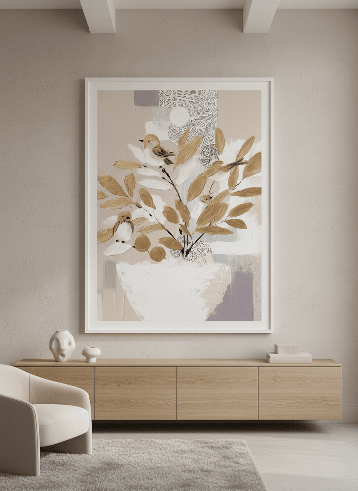 Monumental artwork centred on a feature wall in a luxe interior