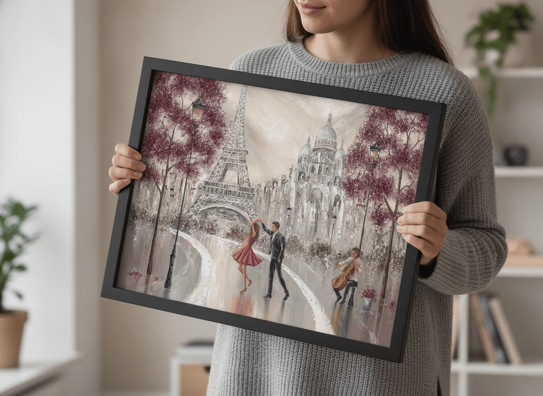 Person showcasing the artwork against a clean modern interior wall