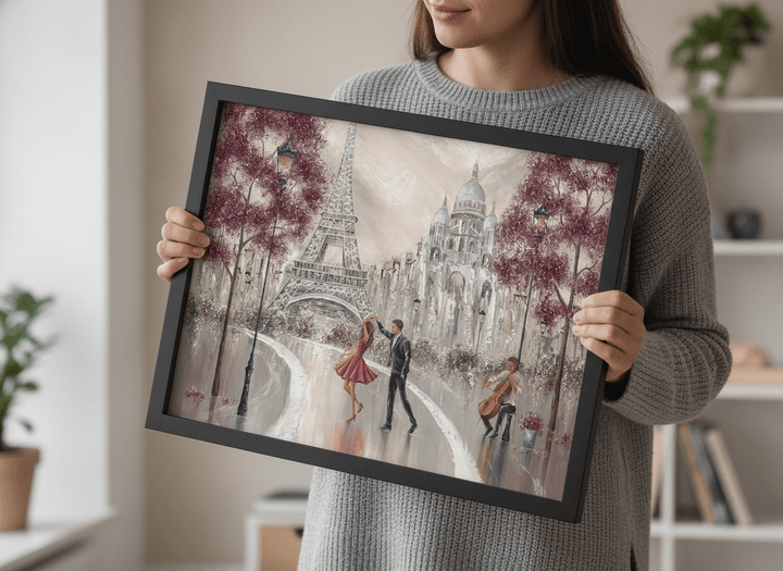 Person showcasing the artwork against a clean modern interior wall