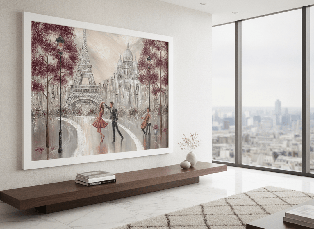 Monumental artwork centred on a feature wall in a luxe interior
