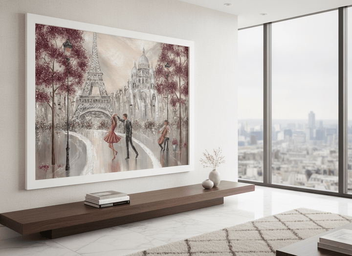 Monumental artwork centred on a feature wall in a luxe interior