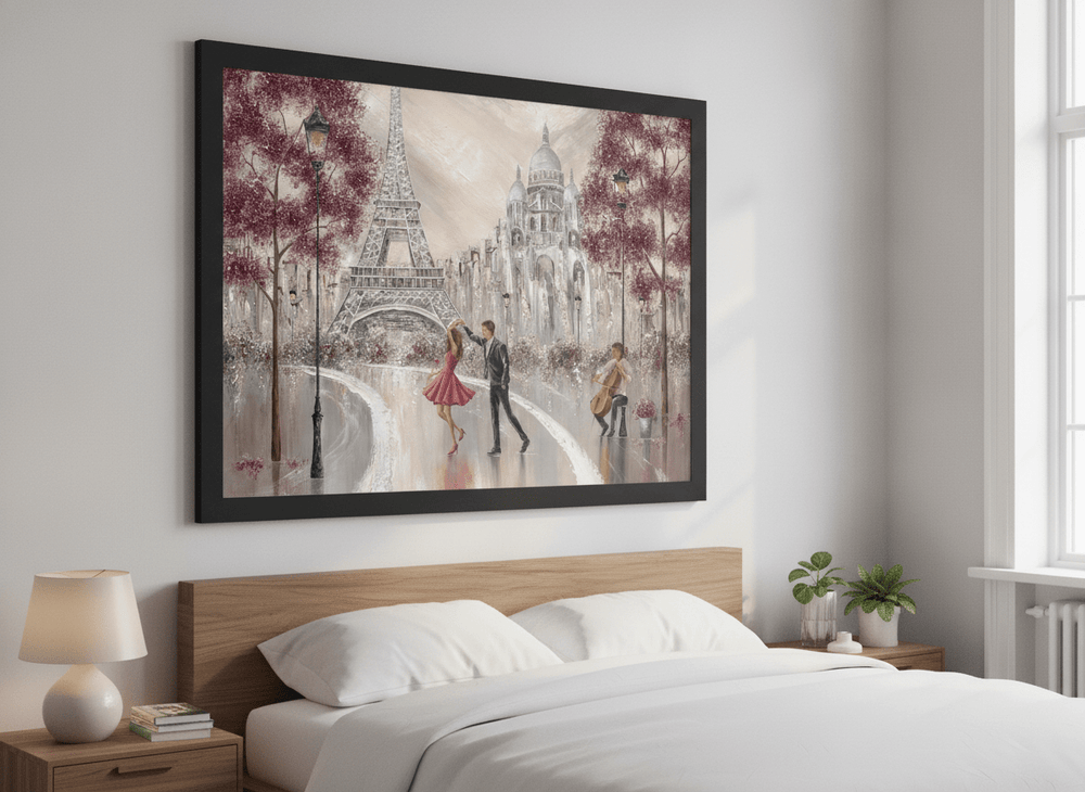Minimalist artwork displayed in a calm, light-filled bedroom interior