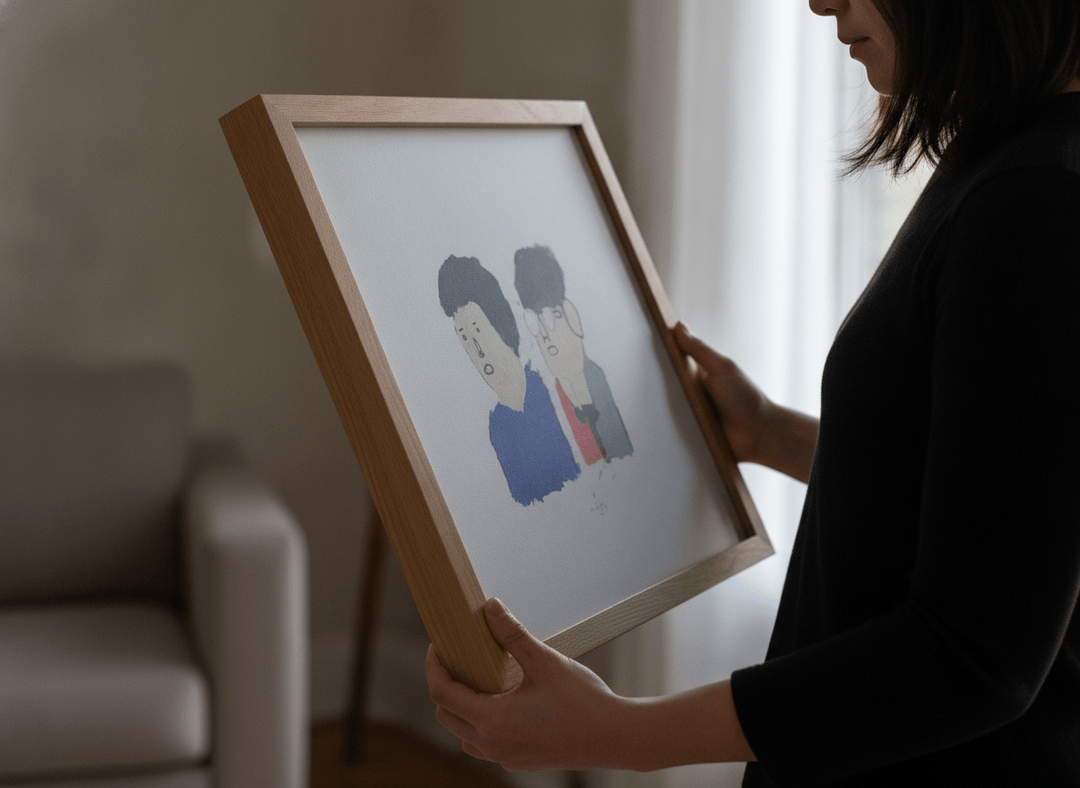 Person showcasing the artwork against a clean modern interior wall