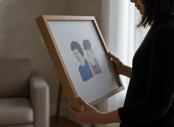 Person showcasing the artwork against a clean modern interior wall