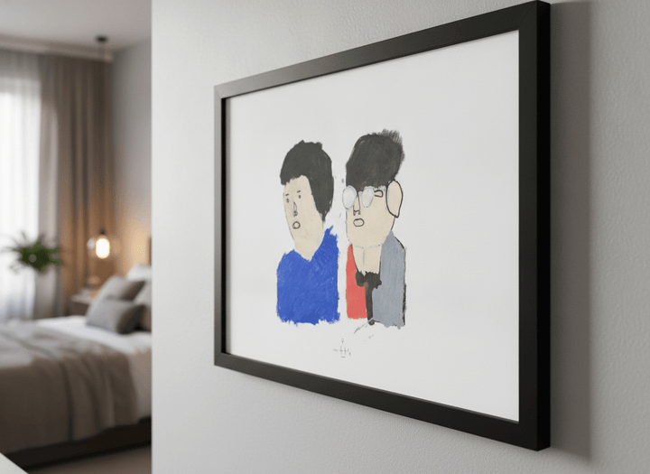 Minimalist artwork displayed in a calm, light-filled bedroom interior