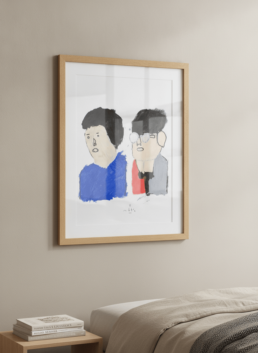 Minimalist artwork displayed in a calm, light-filled bedroom interior