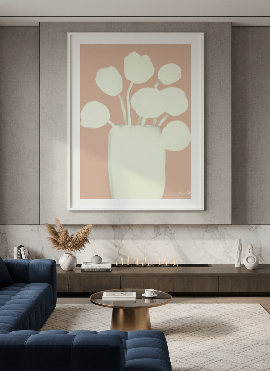 Monumental artwork centred on a feature wall in a luxe interior