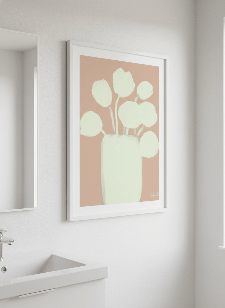 Modern print displayed in a clean minimalist bathroom setting