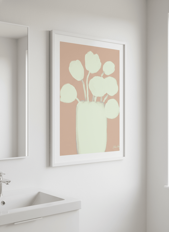Modern print displayed in a clean minimalist bathroom setting
