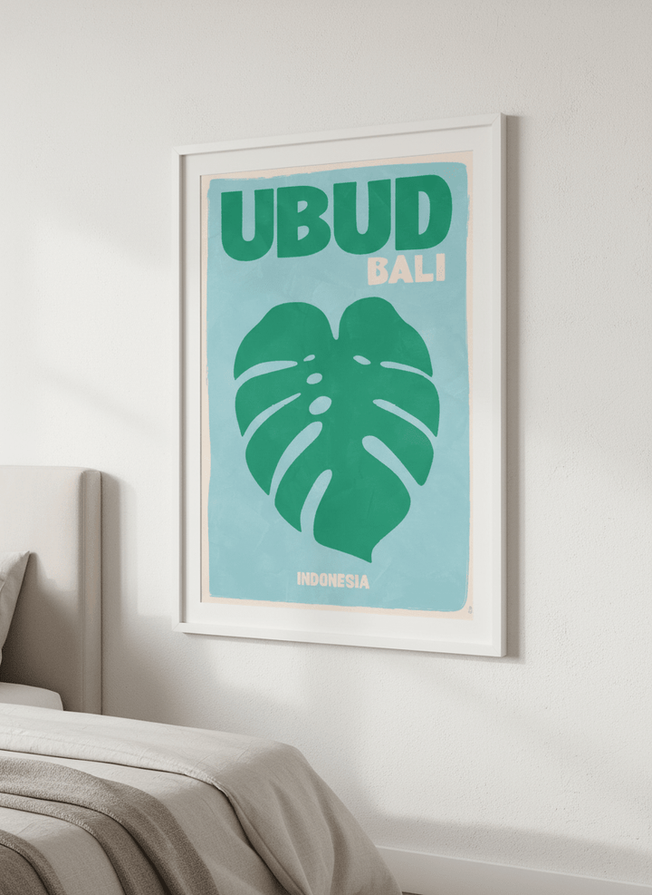 Minimalist artwork displayed in a calm, light-filled bedroom interior