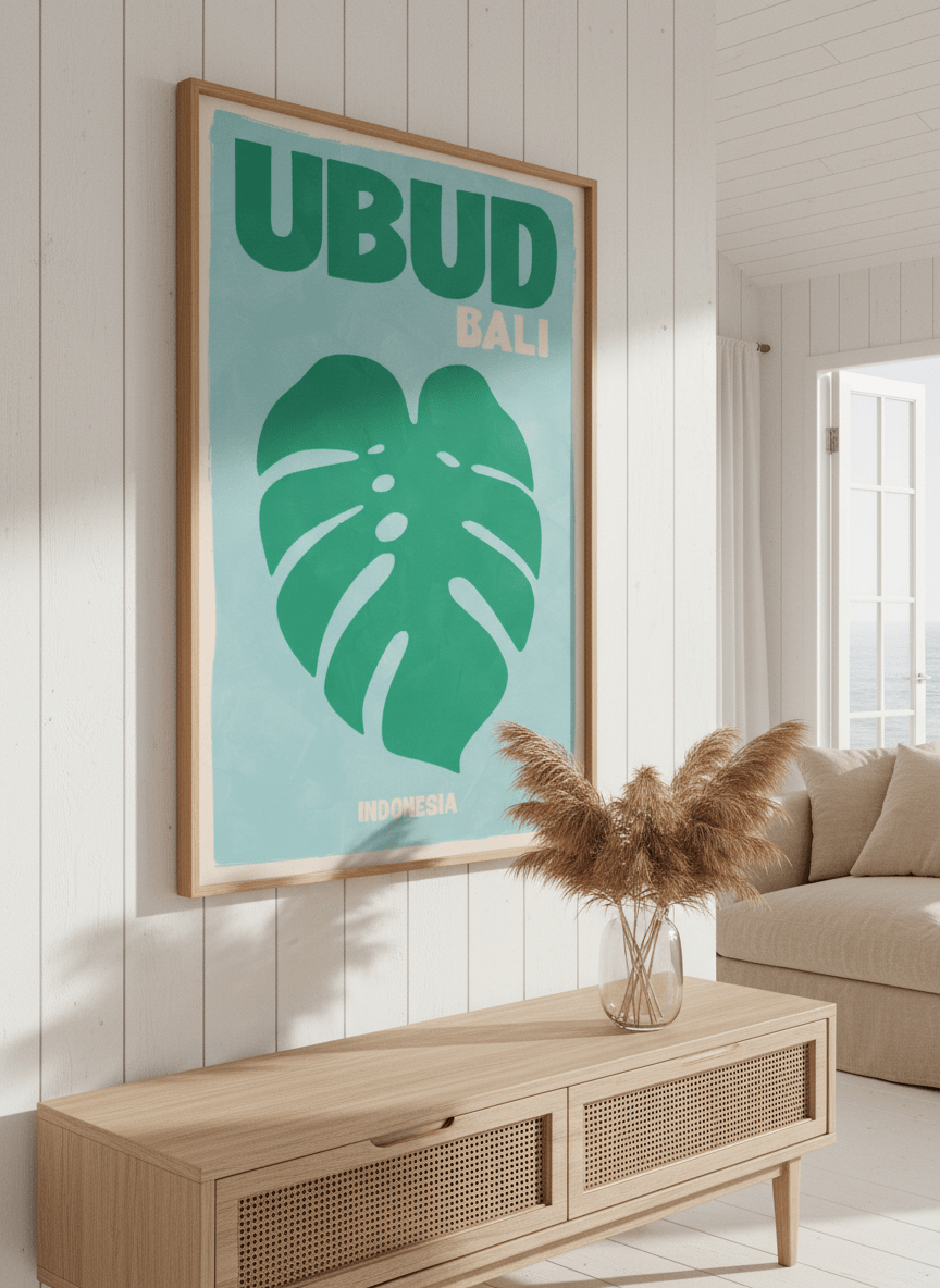 Neutral wall art displayed in a sunny coastal beach house