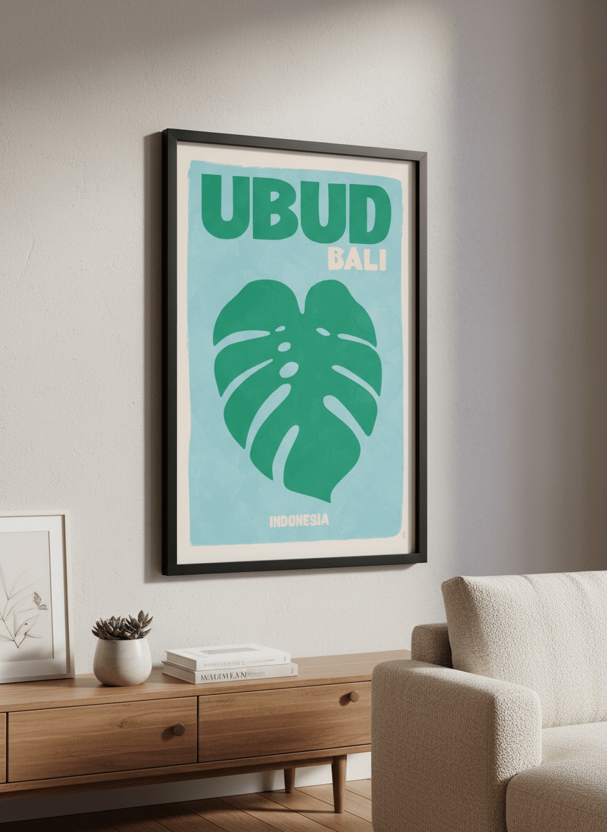 Modern wall art styled above a sofa in a neutral living room