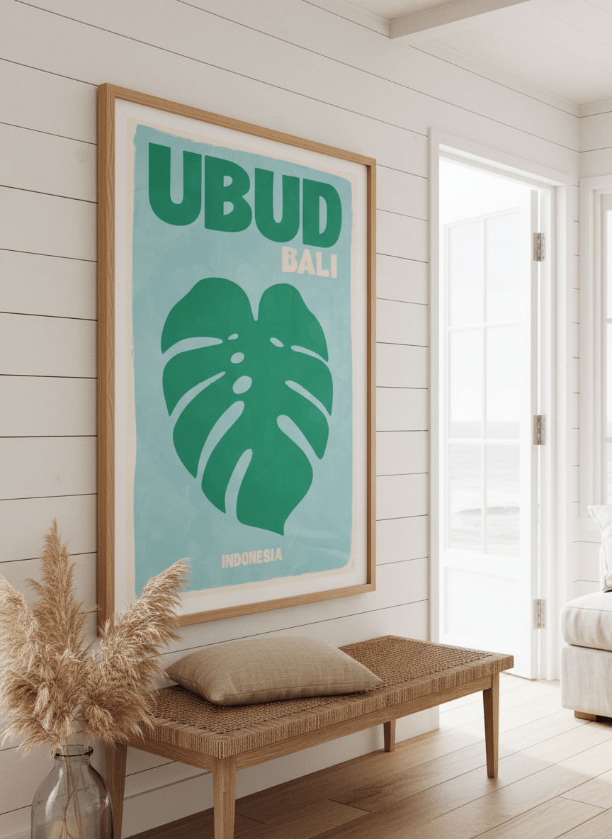 Neutral wall art displayed in a sunny coastal beach house