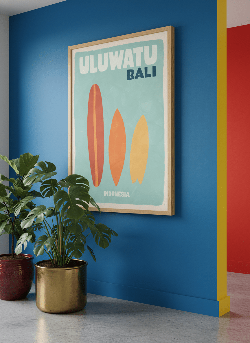 Bold wall art styled in a colourful, eclectic modern home