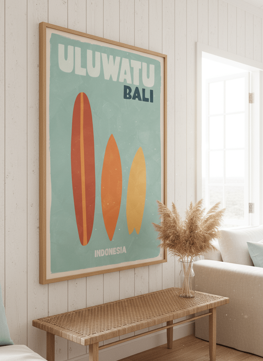 Neutral wall art displayed in a sunny coastal beach house