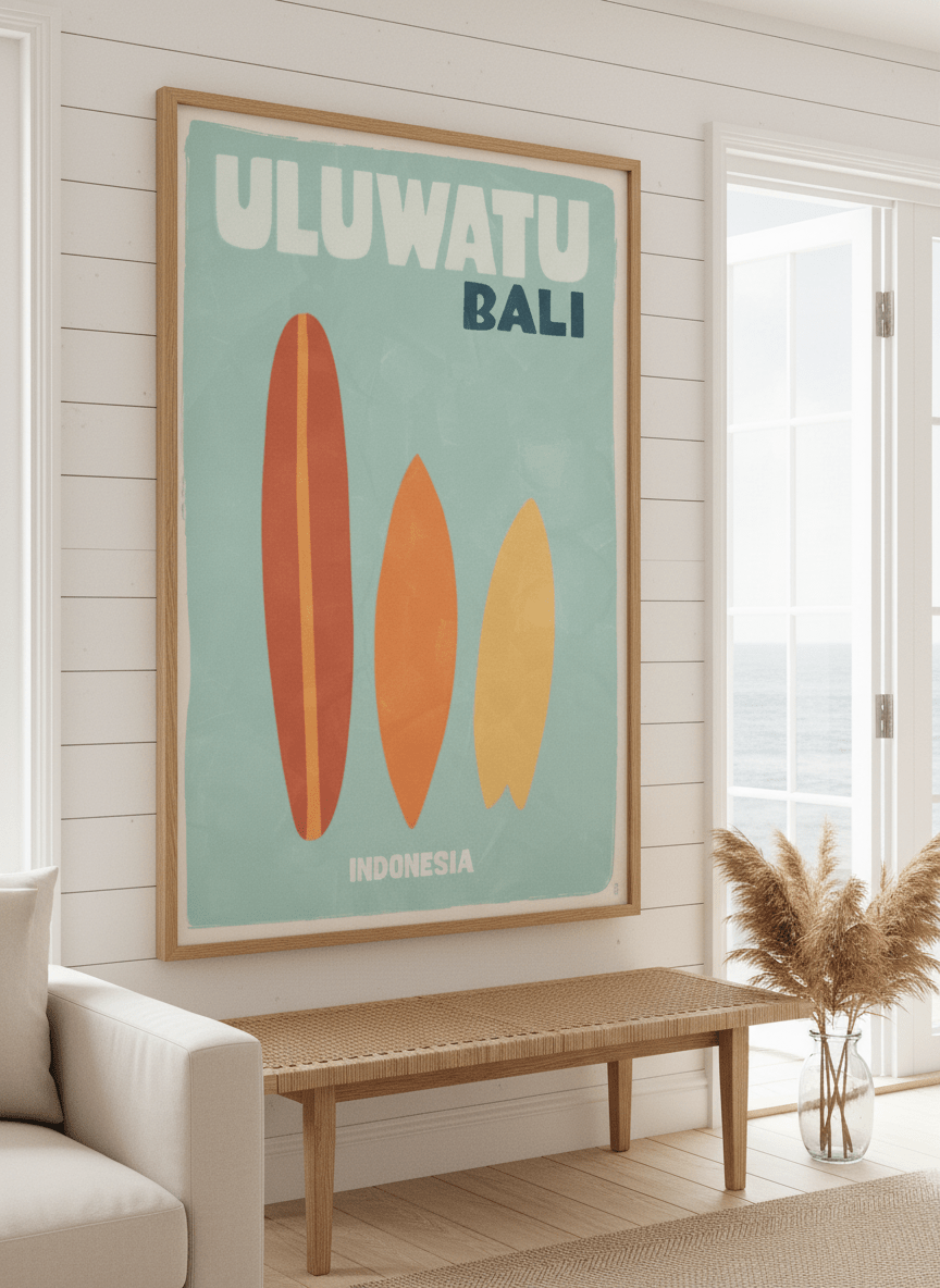 Neutral wall art displayed in a sunny coastal beach house
