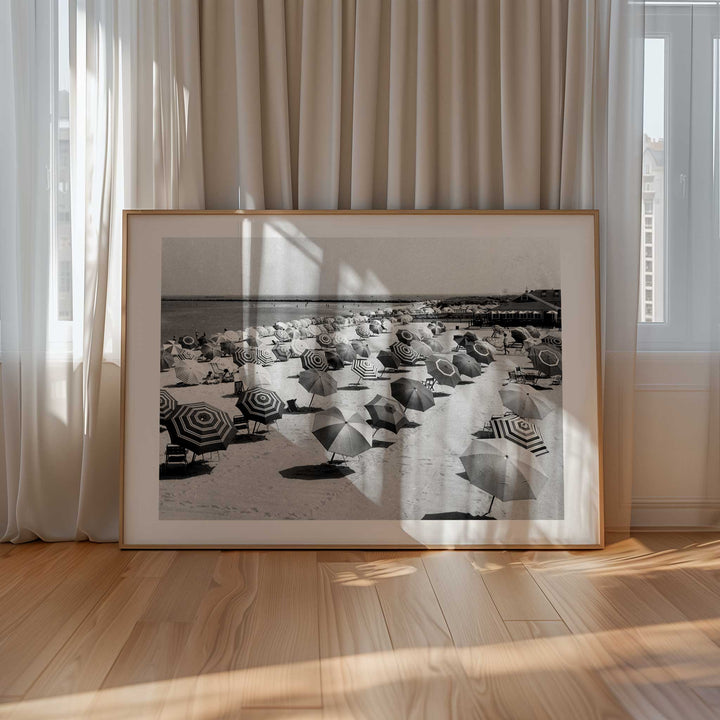 black and white umbrella coastal photography wall art large timber white border