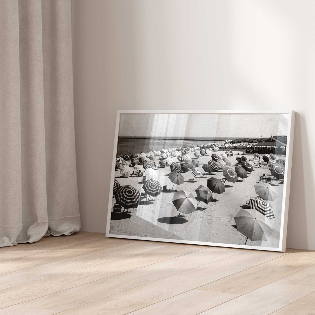 black and white umbrella coastal photography wall art white border