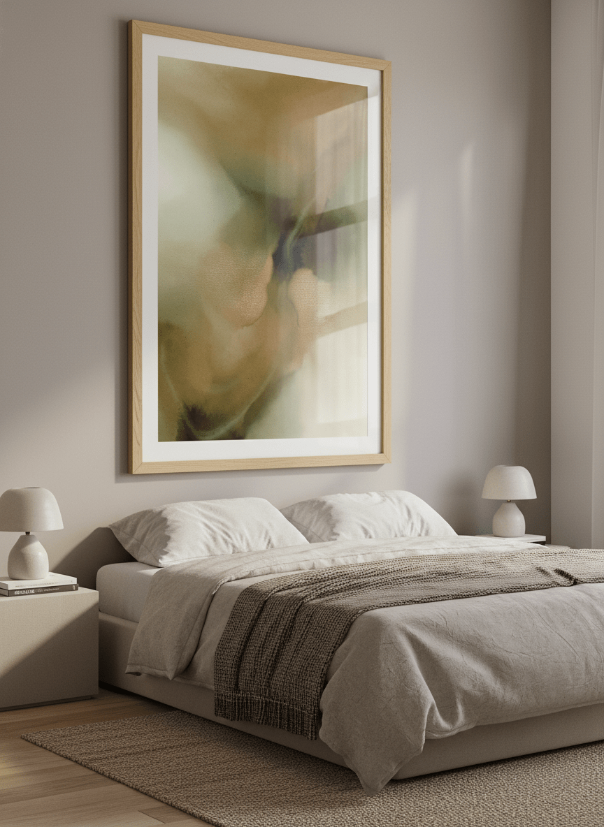 Minimalist artwork displayed in a calm, light-filled bedroom interior