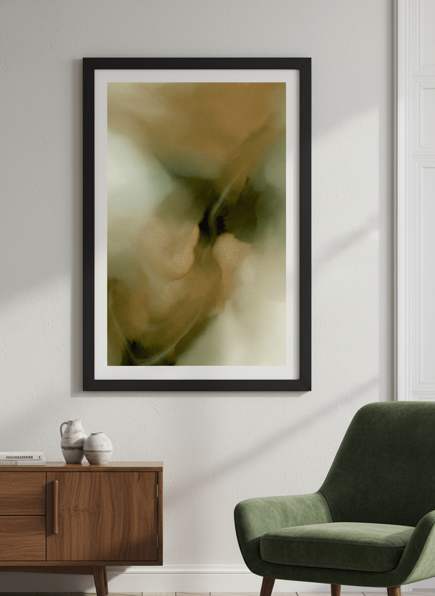Modern wall art styled above a sofa in a neutral living room