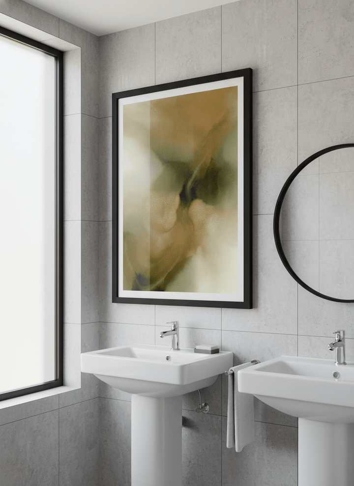 Modern print displayed in a clean minimalist bathroom setting