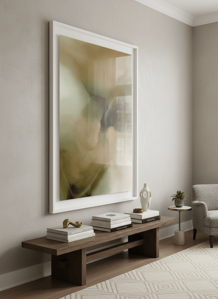 Monumental artwork centred on a feature wall in a luxe interior