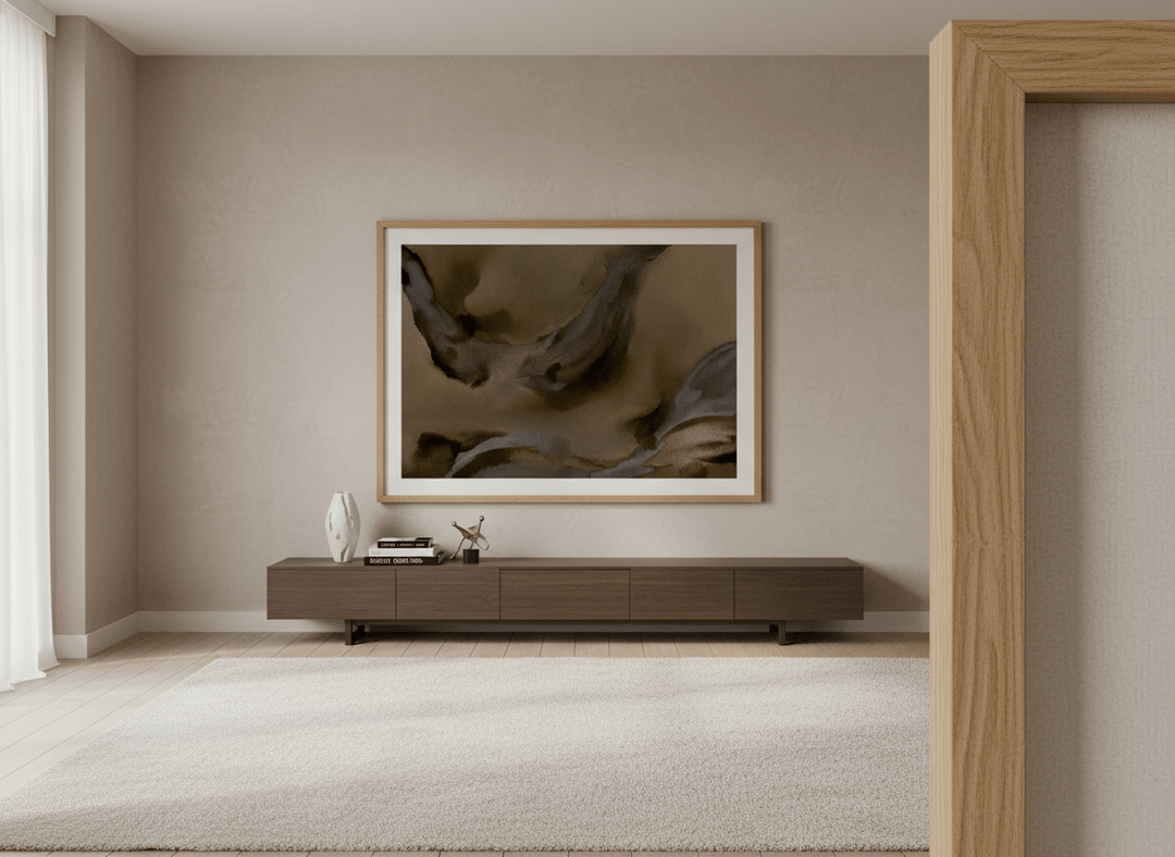 Monumental artwork centred on a feature wall in a luxe interior