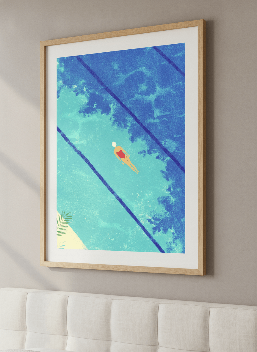 Minimalist artwork displayed in a calm, light-filled bedroom interior