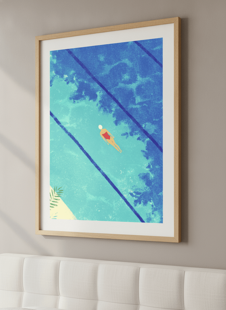 Minimalist artwork displayed in a calm, light-filled bedroom interior