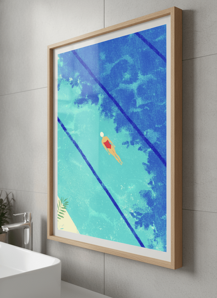 Modern print displayed in a clean minimalist bathroom setting