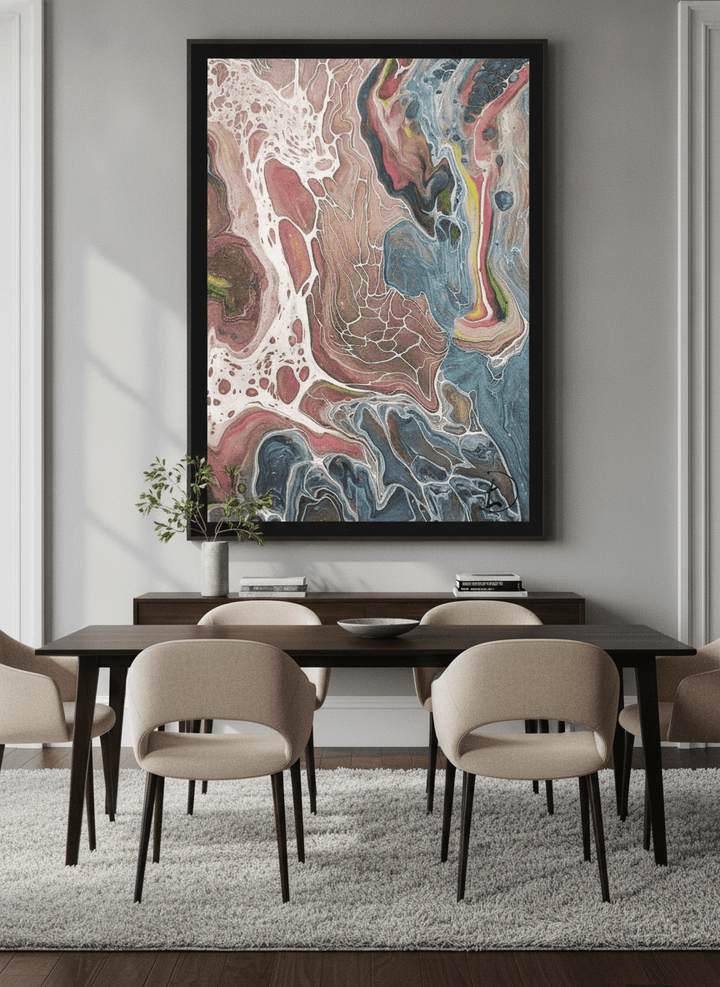 Monumental artwork centred on a feature wall in a luxe interior
