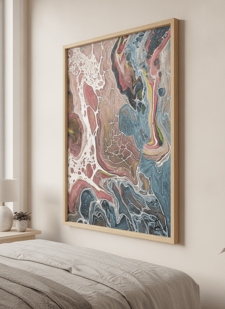 Minimalist artwork displayed in a calm, light-filled bedroom interior