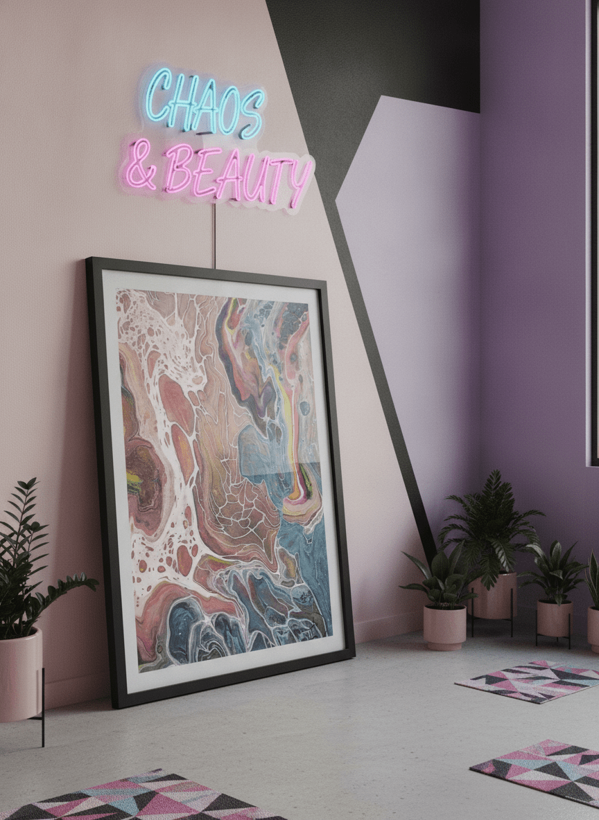 Bold wall art styled in a colourful, eclectic modern home