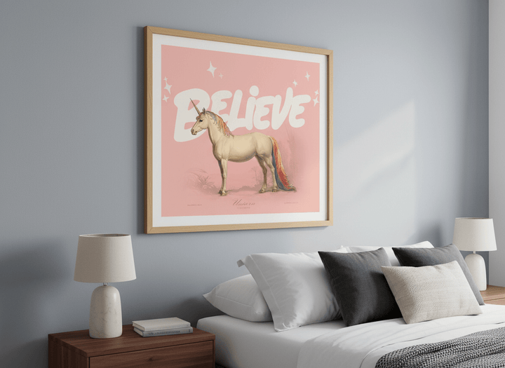 Minimalist artwork displayed in a calm, light-filled bedroom interior