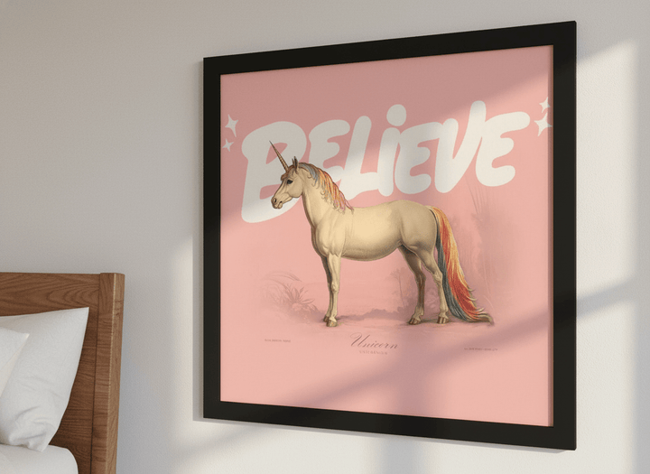 Minimalist artwork displayed in a calm, light-filled bedroom interior