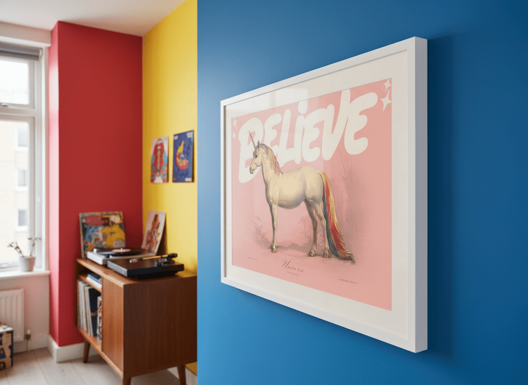 Bold wall art styled in a colourful, eclectic modern home