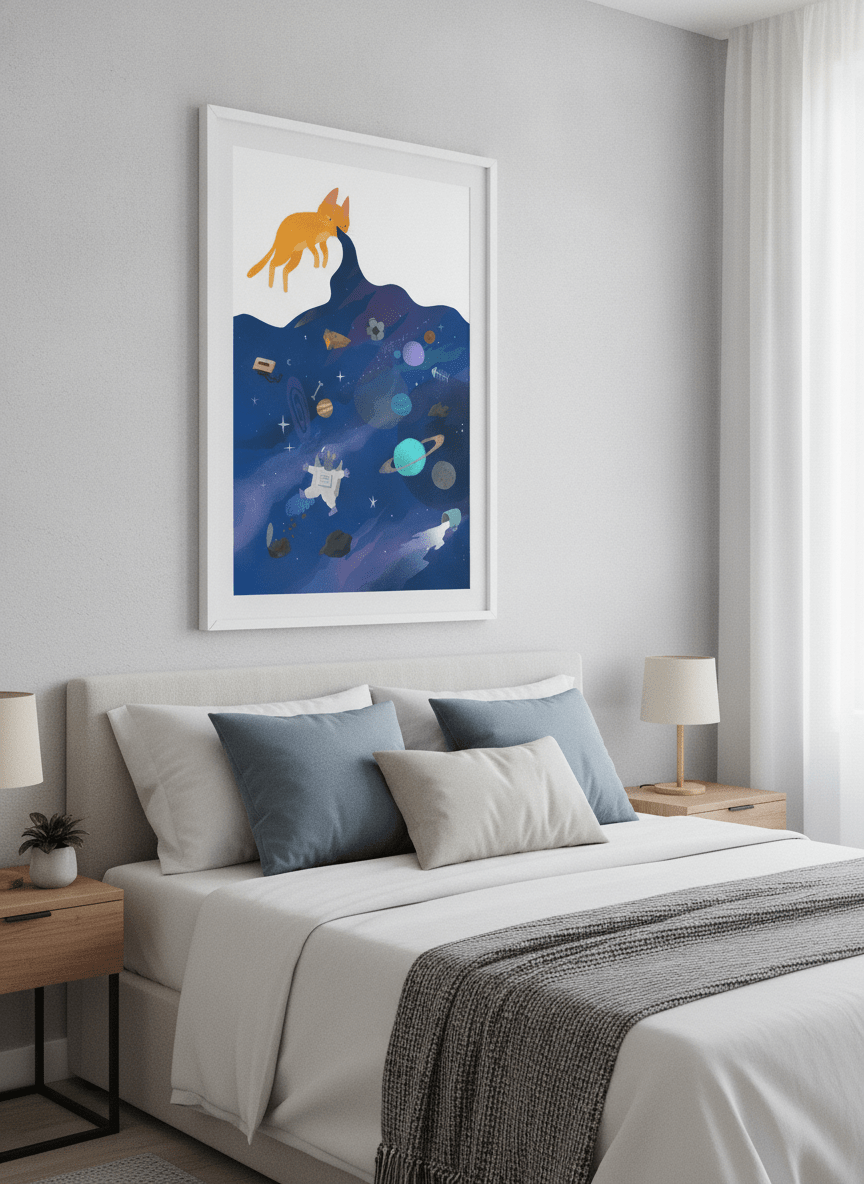 Minimalist artwork displayed in a calm, light-filled bedroom interior