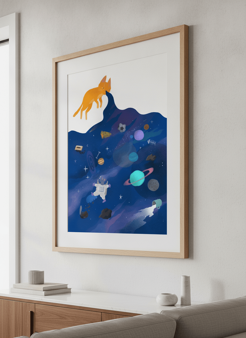 Modern wall art styled above a sofa in a neutral living room