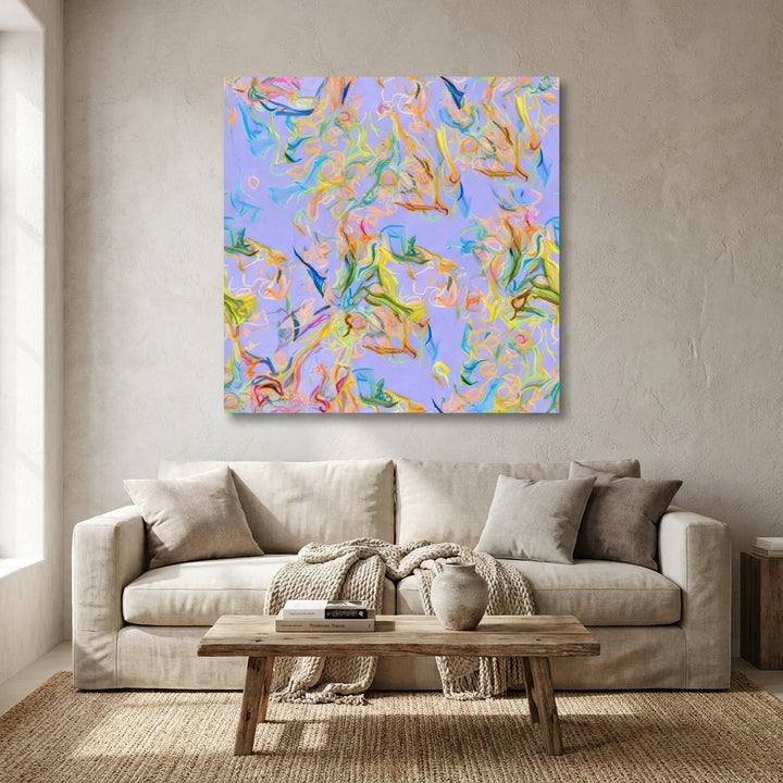Stretched canvas wall art styled in a neutral living room