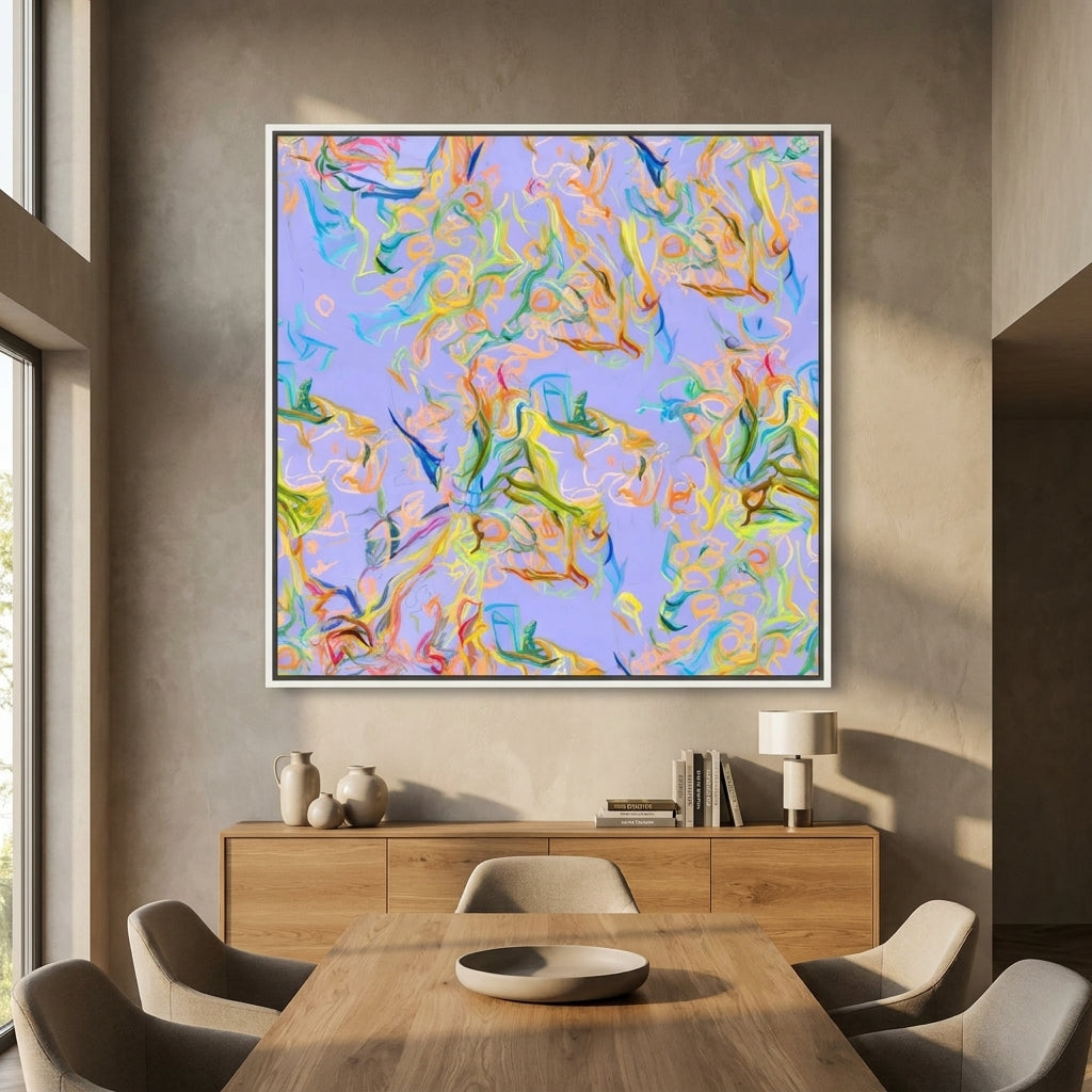 Oversized statement canvas wall art with a white surround styled in a contemporary dining room