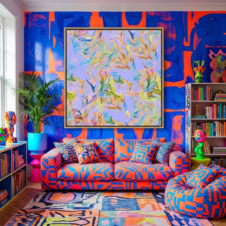 Oversized statement canvas wall art with a natural timber surround styled in a colourful, eclectic modern home