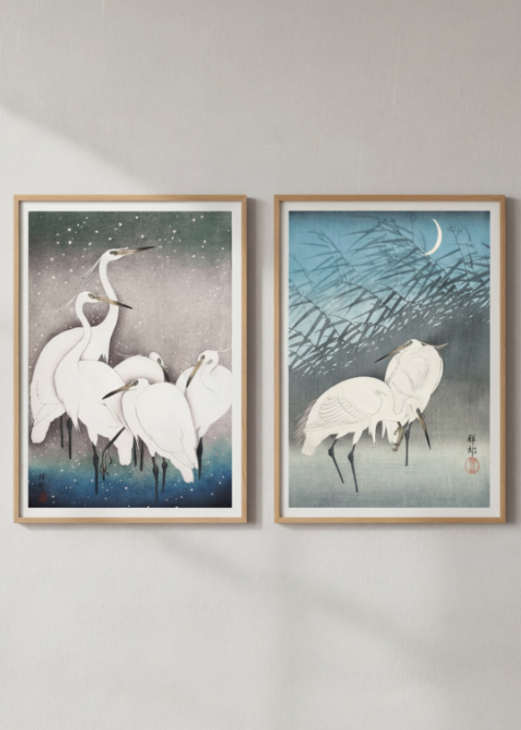 Egret Japanese Birds Woodblock Prints Set of 2 by Ohara Koson