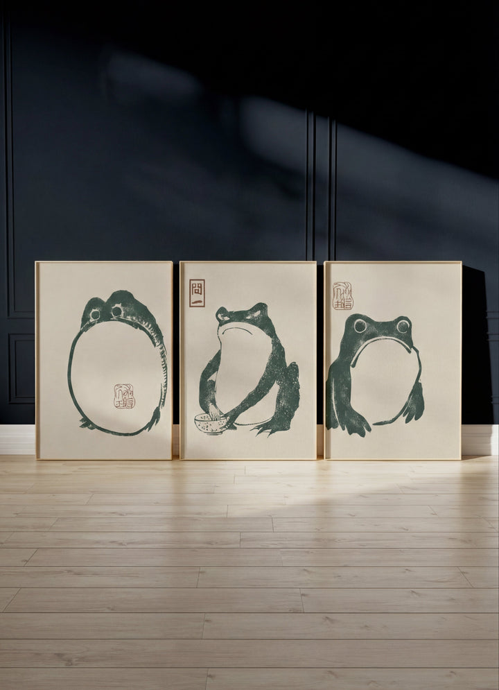 Green Frog Wall Prints by Matsumoto Hoji - Set of 3