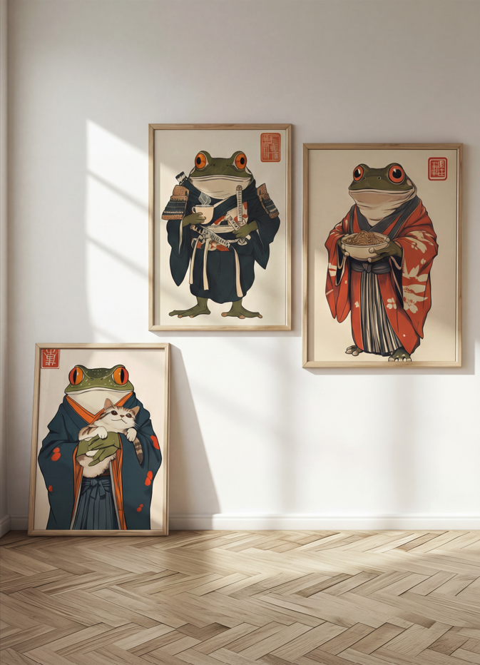 Japanese Samurai Frog Trio Wall Art