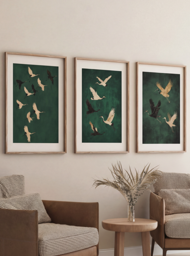 Set of 3 Flying Cranes Emerald Sky