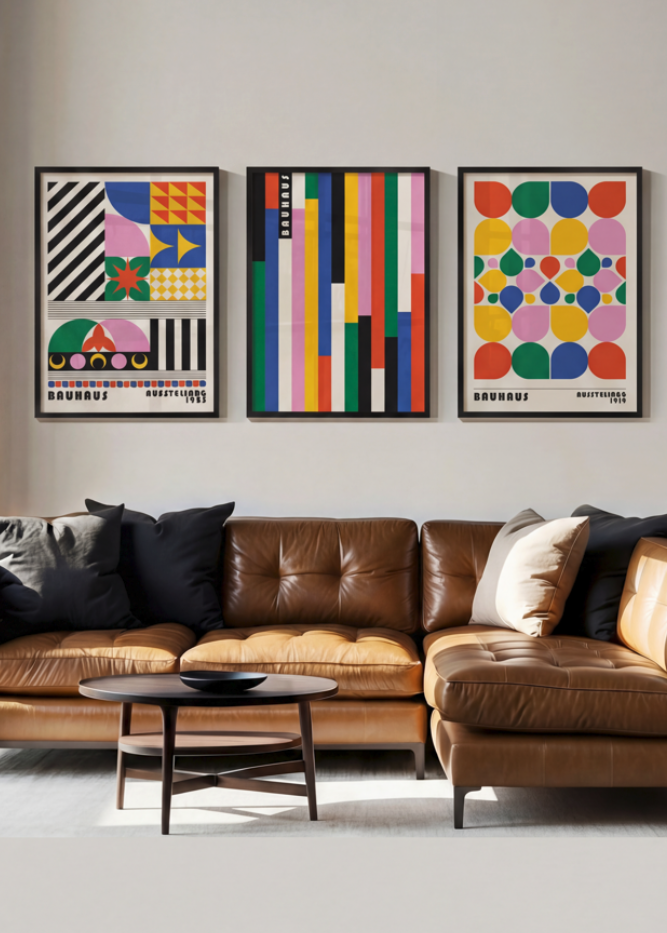 Bauhaus Coloured Maze Trio Abstract Wall Art Prints