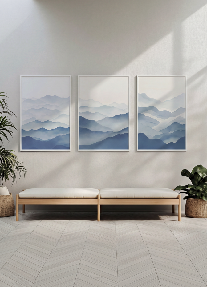 Blue Abstract Ocean Prints Set of 3 Coastal